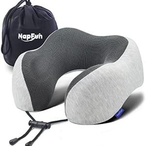 napfun Neck Pillow for Touring, Upgraded Trip Neck Pillow for Aircraft 100% Natural Reminiscence Foam Trip Pillow for Flight Headrest Sleep, Moveable Airplane Equipment, Mild Gray