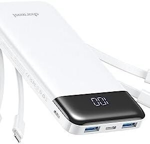 Transportable Charger with Inbuilt Cables, Transportable Charger with Cords Wires Narrow 10000mAh Commute Battery Pack 6 Outputs 3 Inputs 3A Speedy Charging Energy Financial institution for Samsung Google Pixel LG Moto iPhone iPad