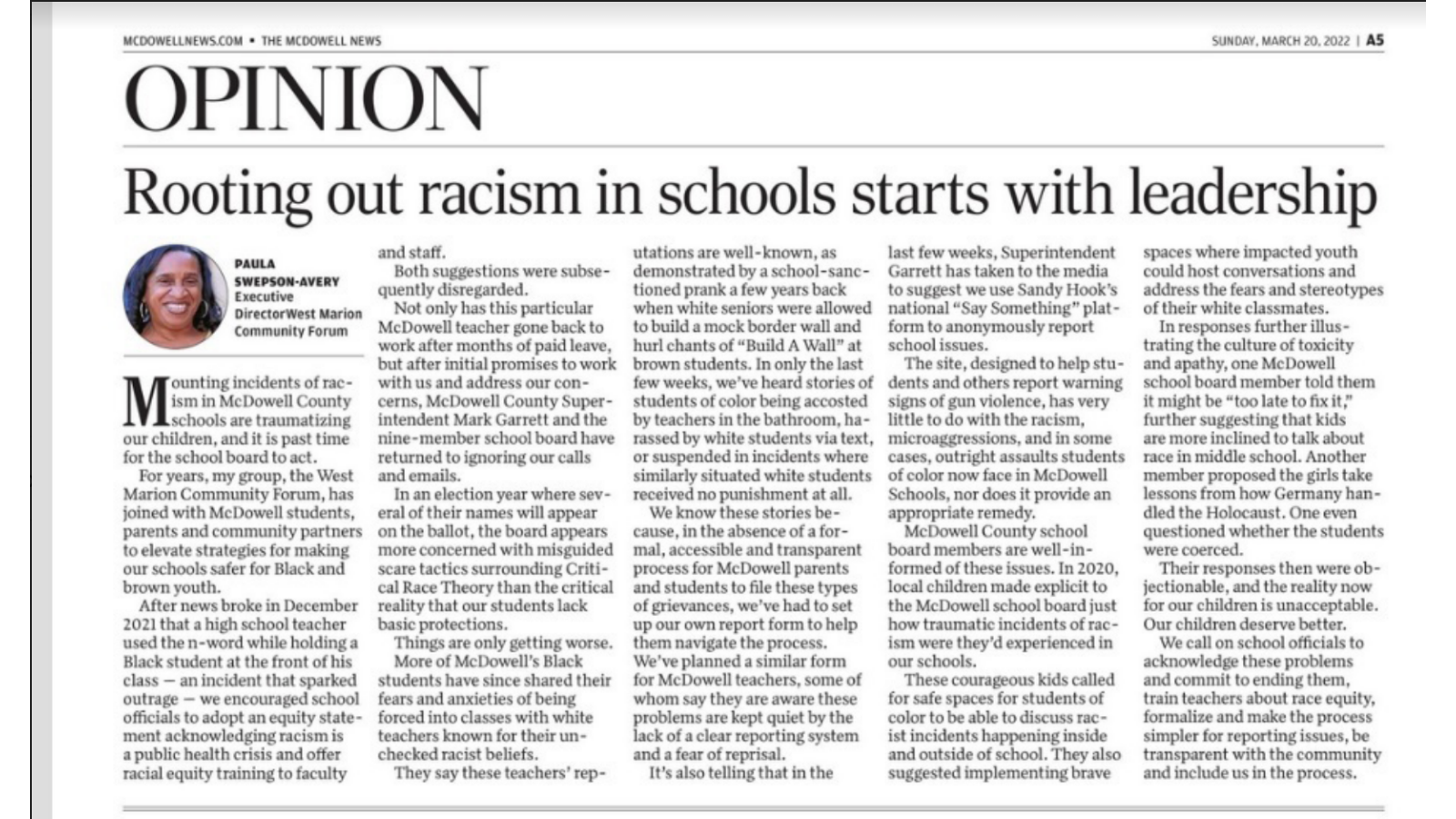 Op-ed: “Rooting Out Racism in McDowell Faculties Begins with Extra Management”
