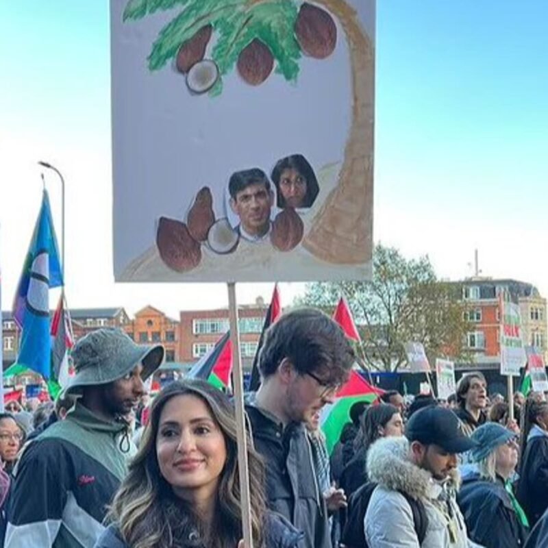 British-Asian woman charged with hate crime for placard depicting Sunak and Braverman as coconuts