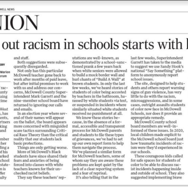 Op-ed: “Rooting Out Racism in McDowell Schools Starts with More Leadership”