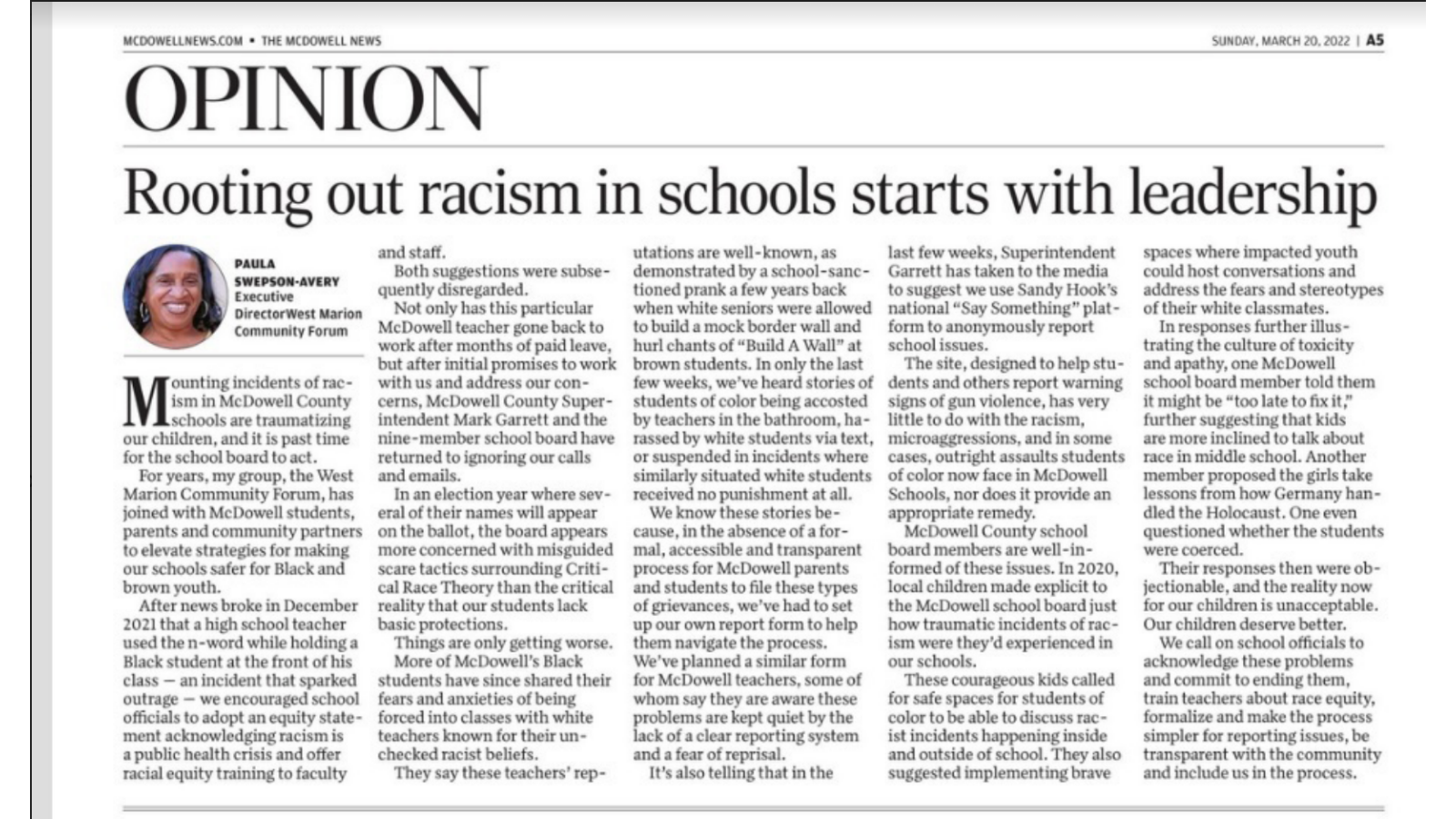 Op-ed: “Rooting Out Racism in McDowell Schools Starts with More Leadership”