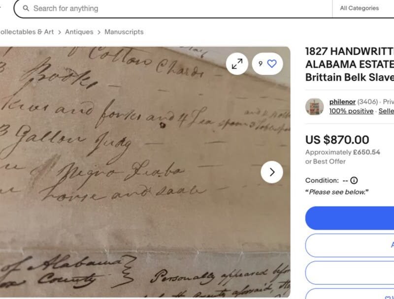 eBay removes 19th-century slavery document listed for sale on website eBay removes 19th-century slavery document listed for sale on website