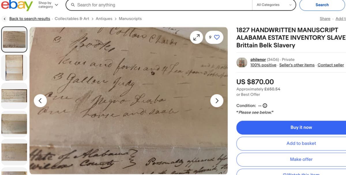 eBay removes 19th-century slavery document listed for sale on website